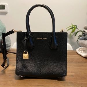 Black Michael Kors Mercer Medium Pebbled Leather Accordion Crossbody Bag